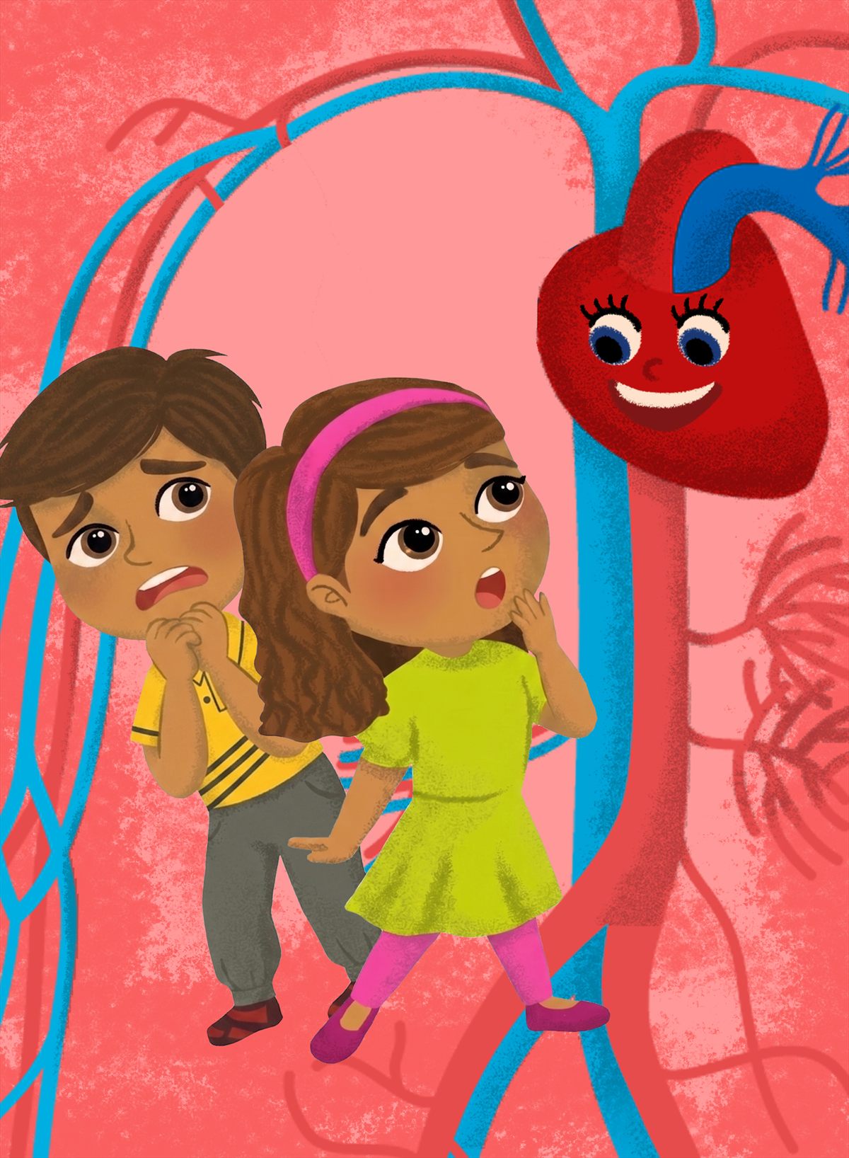 Interior illustration: Tyler and Tia stand wide-eyed among huge red and blue blood vessels while Haley the Heart, a smiling red cartoon heart with big blue eyes, appears above them.