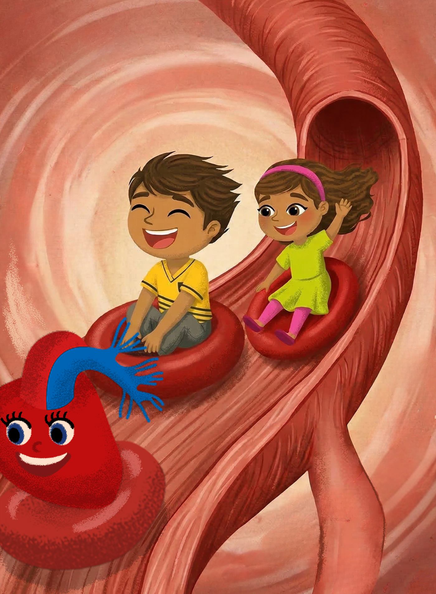 Interior illustration: Tyler and Tia ride donut-shaped red blood cells like inner tubes down a glowing blood vessel while Haley the Heart floats alongside them.