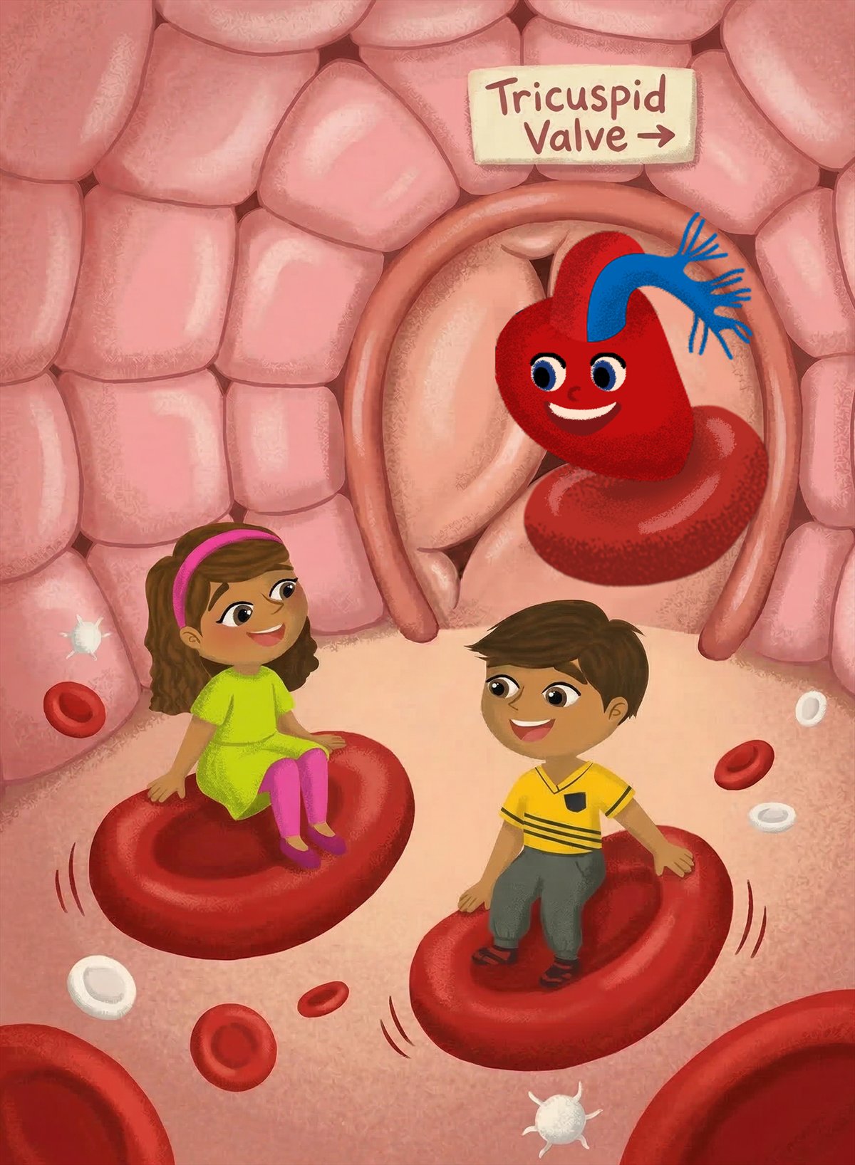 Interior illustration: Tyler and Tia sit on red blood cells inside the right atrium, under a wooden sign reading Tricuspid Valve with an arrow, while Haley the Heart smiles above them.