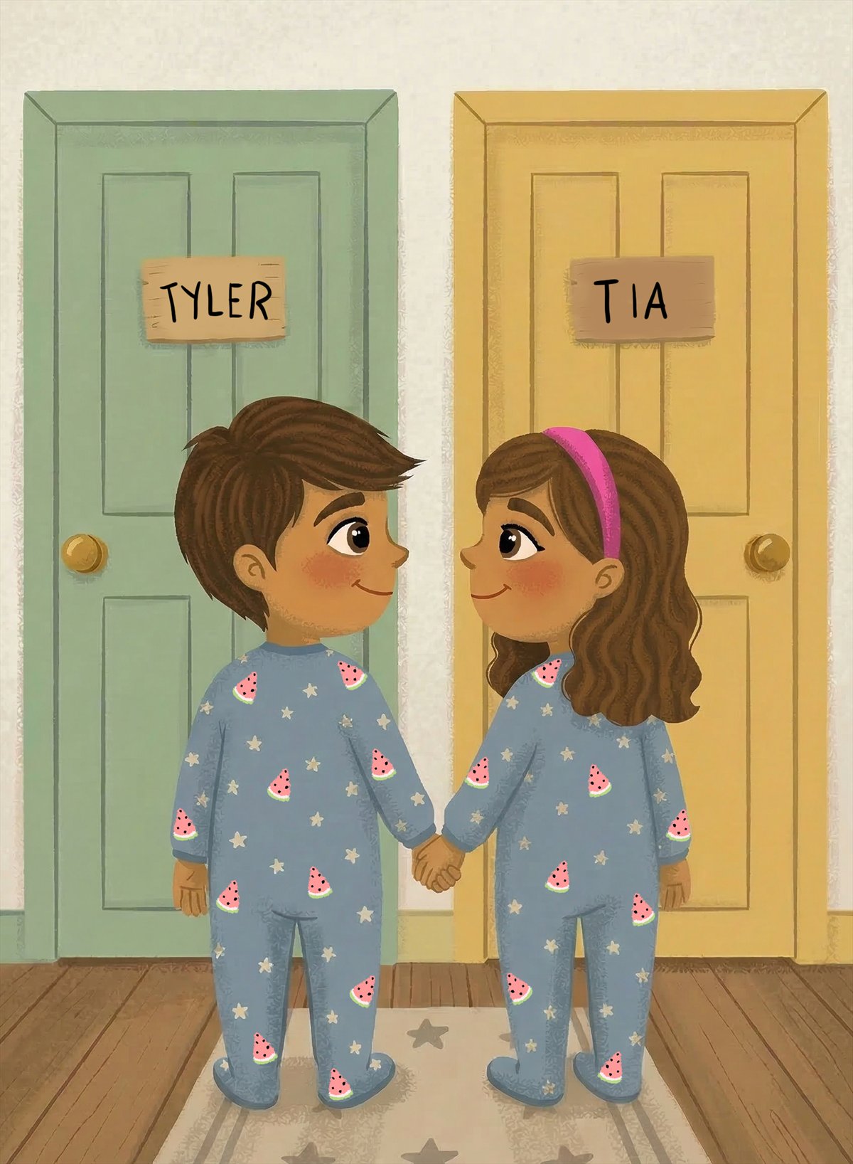 Interior illustration: Tyler and Tia stand in a hallway between two bedroom doors labeled TYLER and TIA, holding hands and grinning at each other in matching watermelon pajamas.